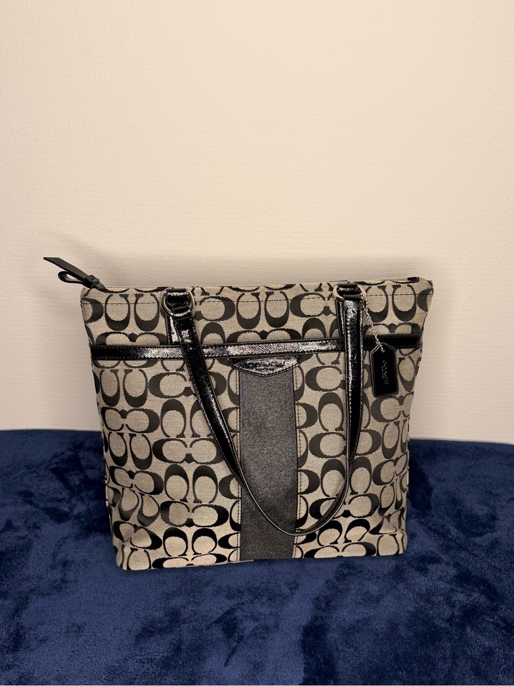 Coach Signature Stripe Tote in black and gray patent leather trim